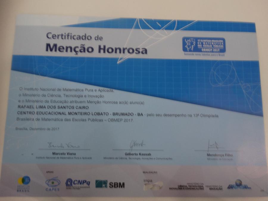 Alunos receberam Menção Honrosa da OBMEP