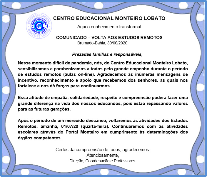 COMUNICADO VOLTA ÀS AULAS REMOTAS PÓS RECESSO JUNINO