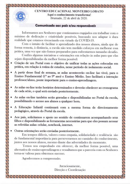Comunicado aos Pais sobre o Portal da escola